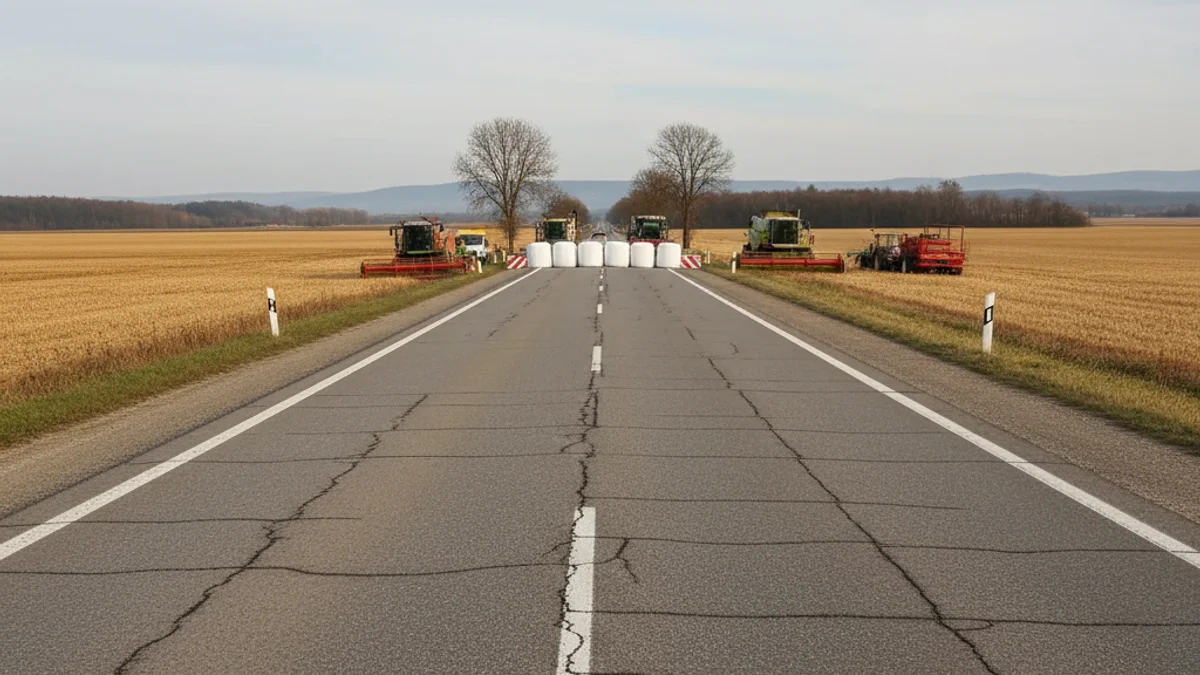 Imatge genèrica d'una autopista amb poc trànsit o bloquejada per vehicles agrícoles en un dia assolellat.