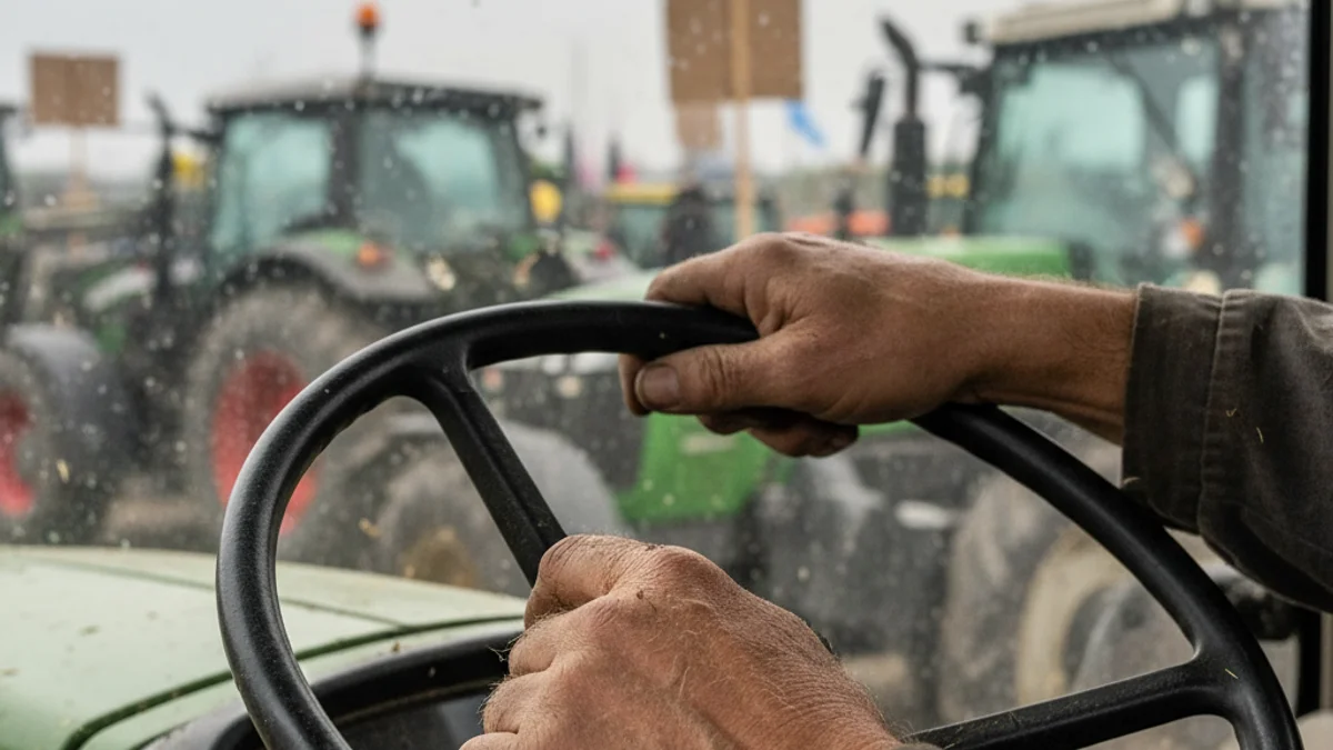 Mans d'un pagès sobre el volant d'un tractor durant una protesta, simbolitzant la mobilització del sector agrari.