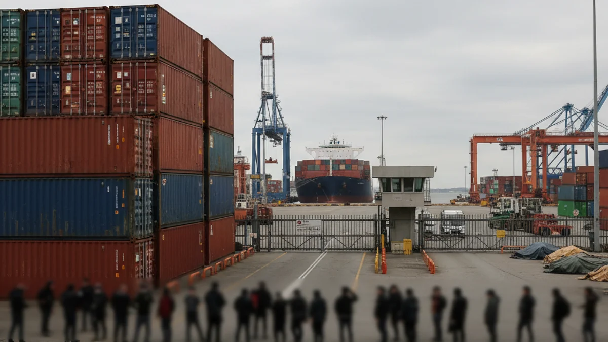 Imatge genèrica d'un port industrial amb contenidors i vaixells de càrrega, amb figures borroses de manifestants a la distància.