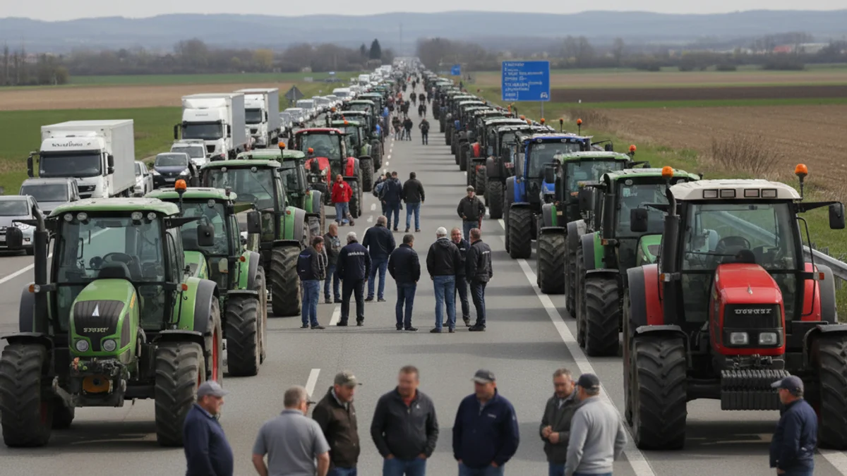 Imatge genèrica d'una carretera tallada amb vehicles agrícoles i figures borroses de manifestants.