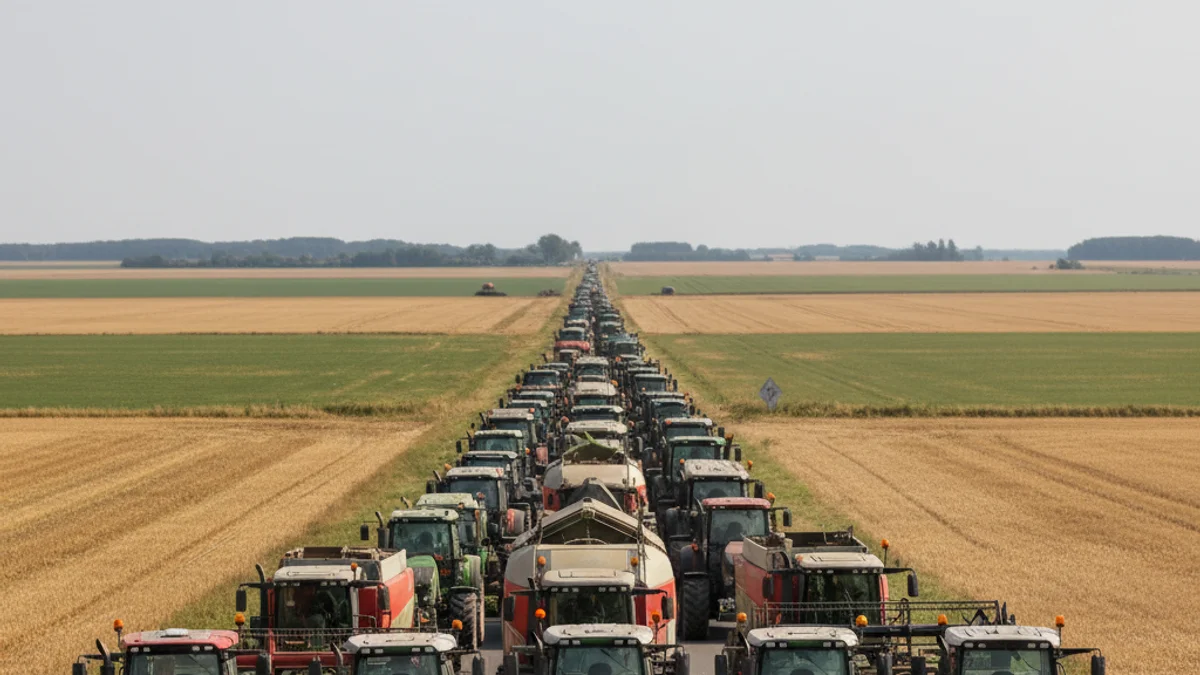 Imatge genèrica d'una carretera bloquejada per tractors durant una protesta agrícola, amb figures borroses al fons.