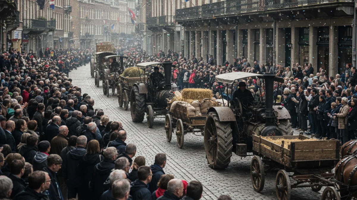 Carruatges i maquinària agrícola tradicional desfilant durant una celebració popular de Sant Antoni Abat.
