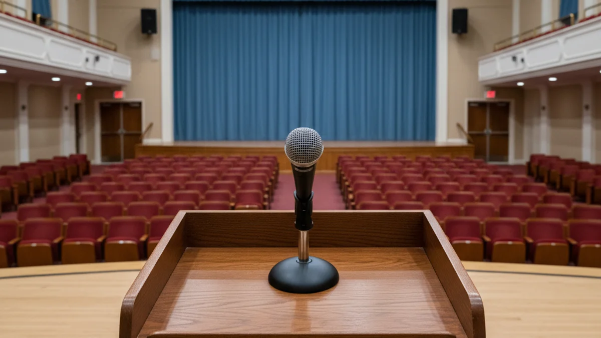 Imatge genèrica d'un podi amb un micròfon en un auditori municipal, preparat per a un discurs públic.