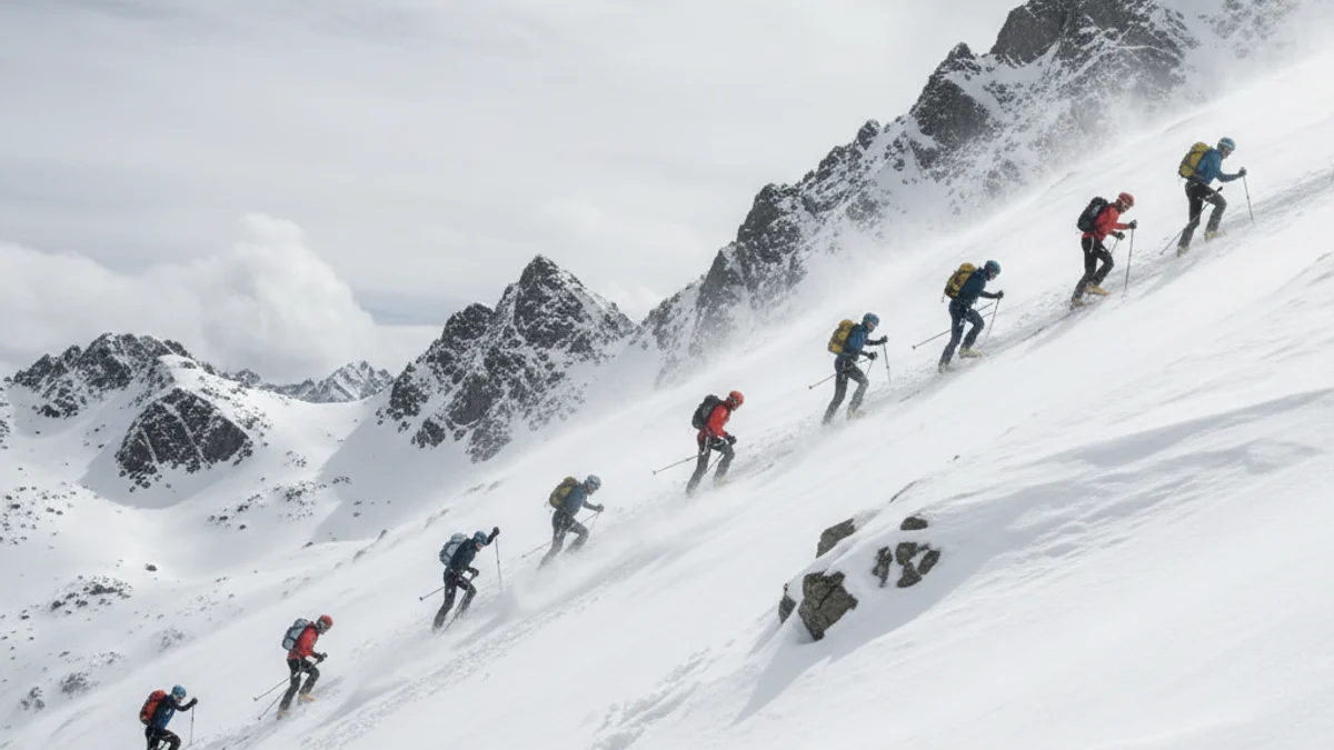 Esquiadores de montaña compitiendo en una pista nevada con fuerte viento y montañas al fondo.