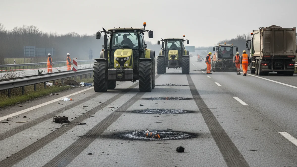 Tractors retirant-se d'una autovia després d'una protesta agrícola, amb restes de fogueres a l'asfalt.