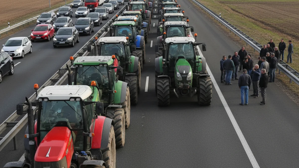 Imatge d'una barricada de pneumàtics i tractors en una carretera tallada durant una protesta agrària.