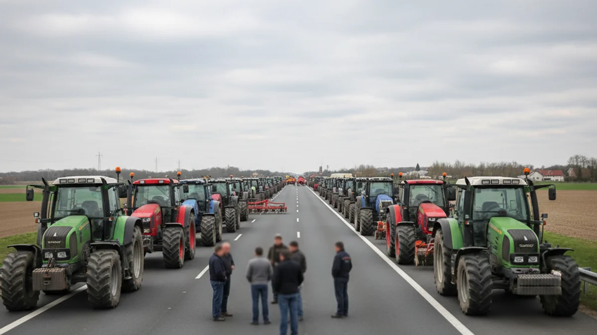 Imatge genèrica d'una carretera tallada per tractors en una protesta agrària.