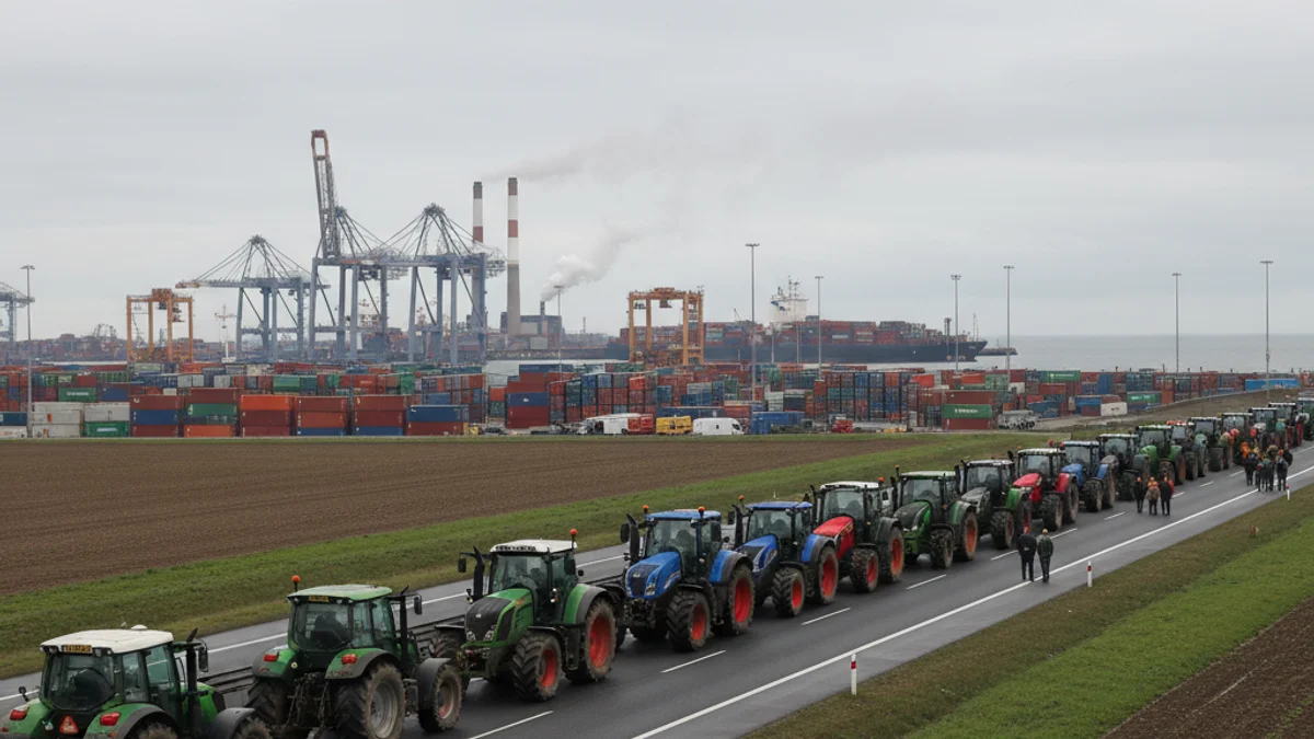 Imatge genèrica d'una protesta agrícola amb tractors bloquejant una carretera d'accés a un port industrial.