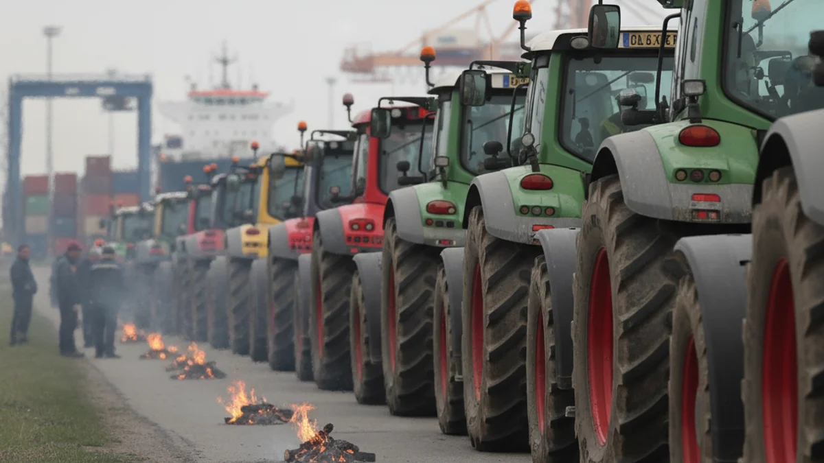 Imatge genèrica de tractors bloquejant una carretera d'accés a una infraestructura portuària.