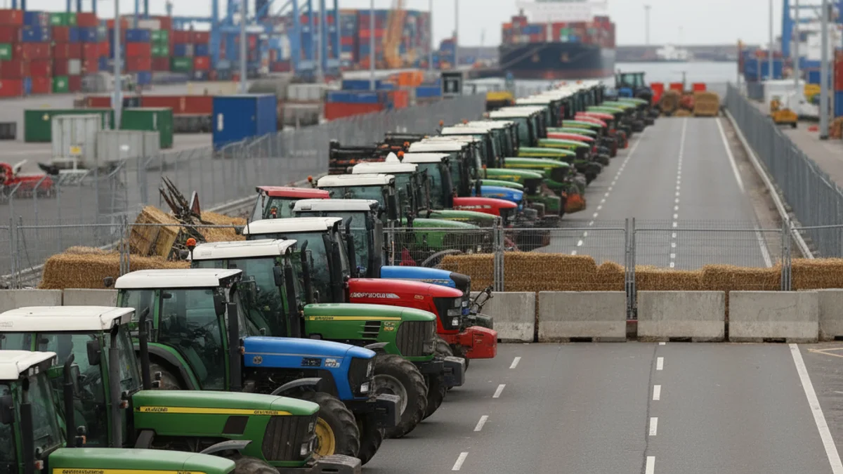 Imatge genèrica d'una protesta agrícola amb tractors bloquejant una carretera o accés portuari.