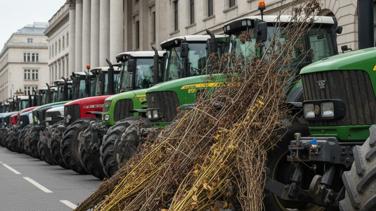 Tractors aparcats davant d'un edifici administratiu durant una protesta agrícola per la sequera.