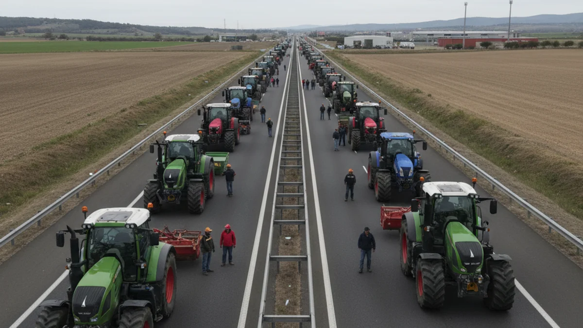Imatge genèrica de tractors bloquejant una autopista principal durant una protesta agrícola.