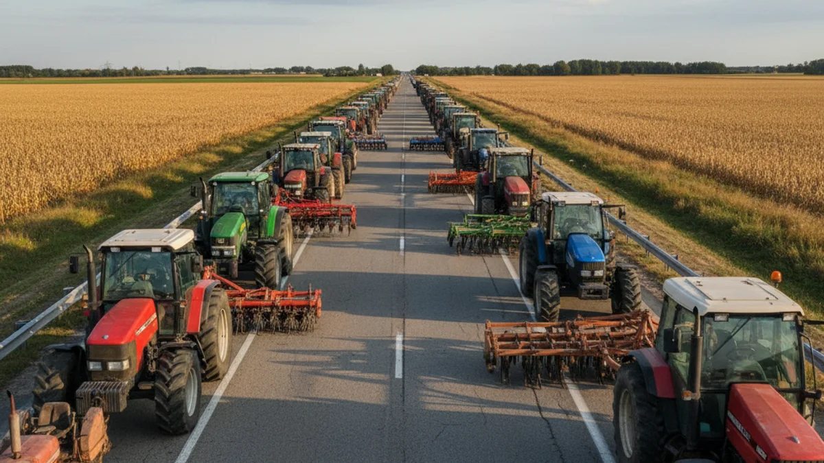 Imatge genèrica de tractors bloquejant una autopista o una via ràpida com a part d'una protesta agrícola.