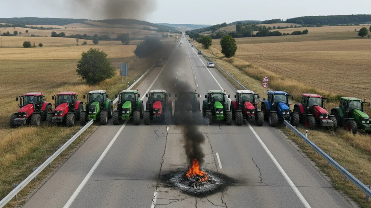 Imatge genèrica de tractors i fum en una carretera tallada durant una protesta agrícola contra un acord comercial.