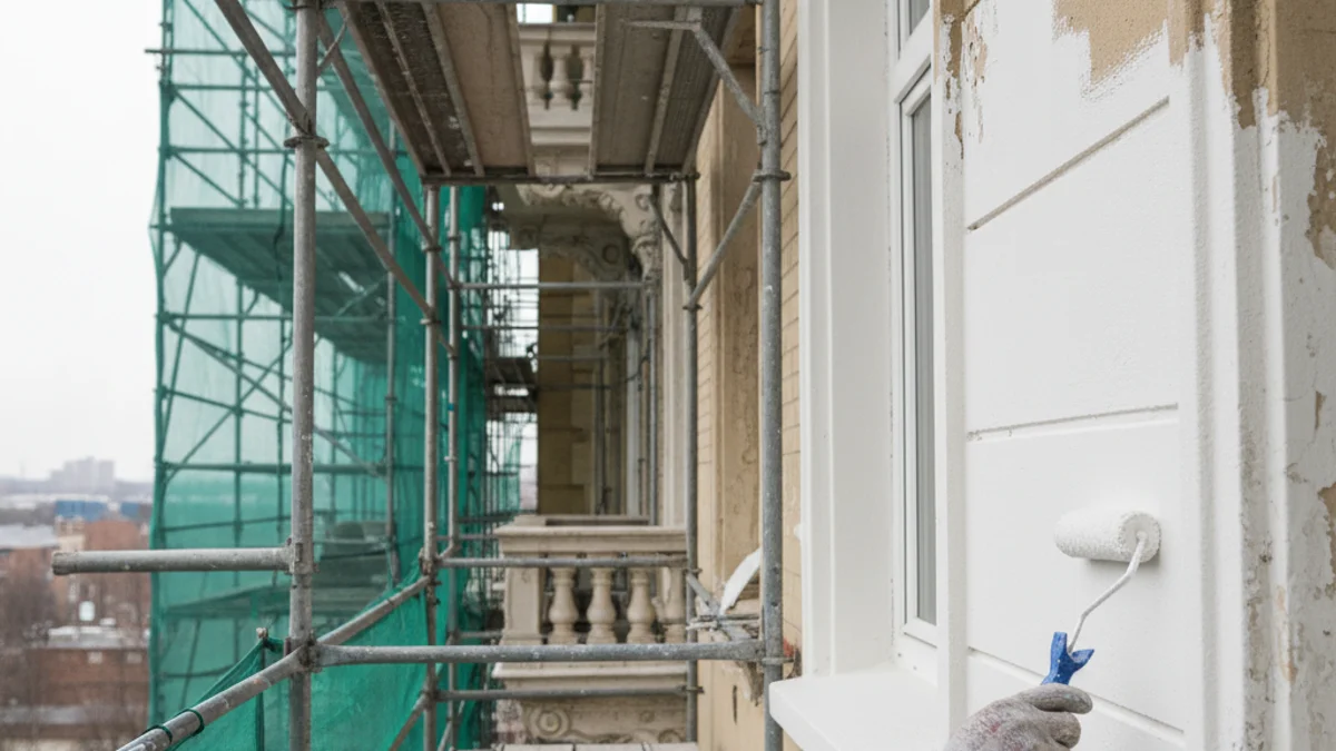 Imatge genèrica d'una façana d'edifici residencial en procés de rehabilitació o pintat amb bastides.