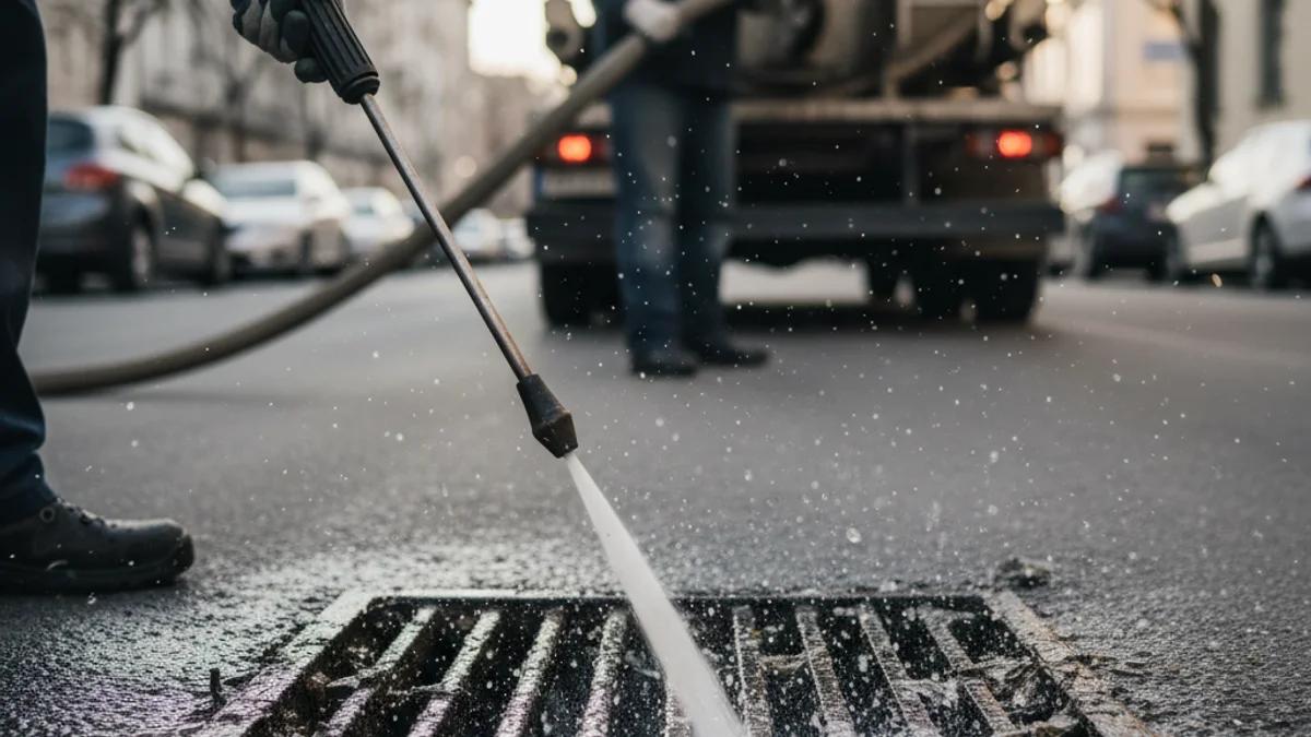 Operaris municipals netejant un embornal amb aigua a pressió en un carrer de la localitat.