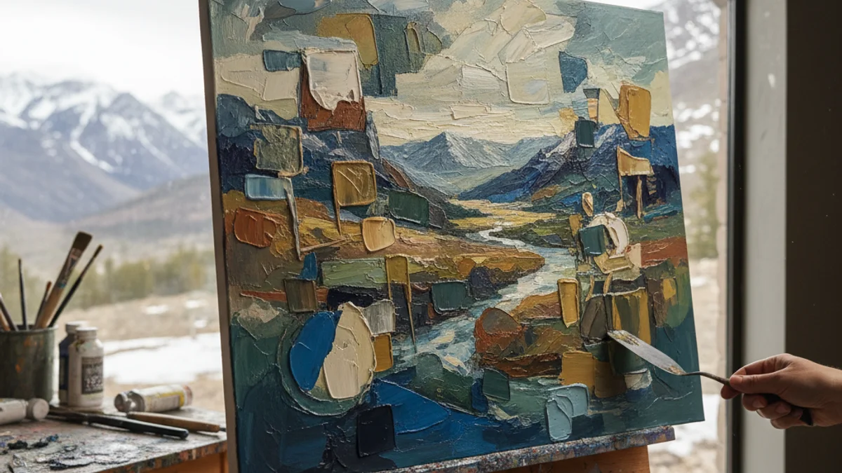 Quadre abstracte amb capes superposades i textures geomètriques que evoquen un paisatge de muntanya.