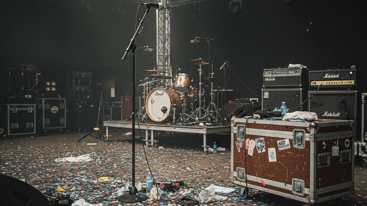 Imatge genèrica d'un escenari buit després d'un concert, amb instruments musicals i confeti.