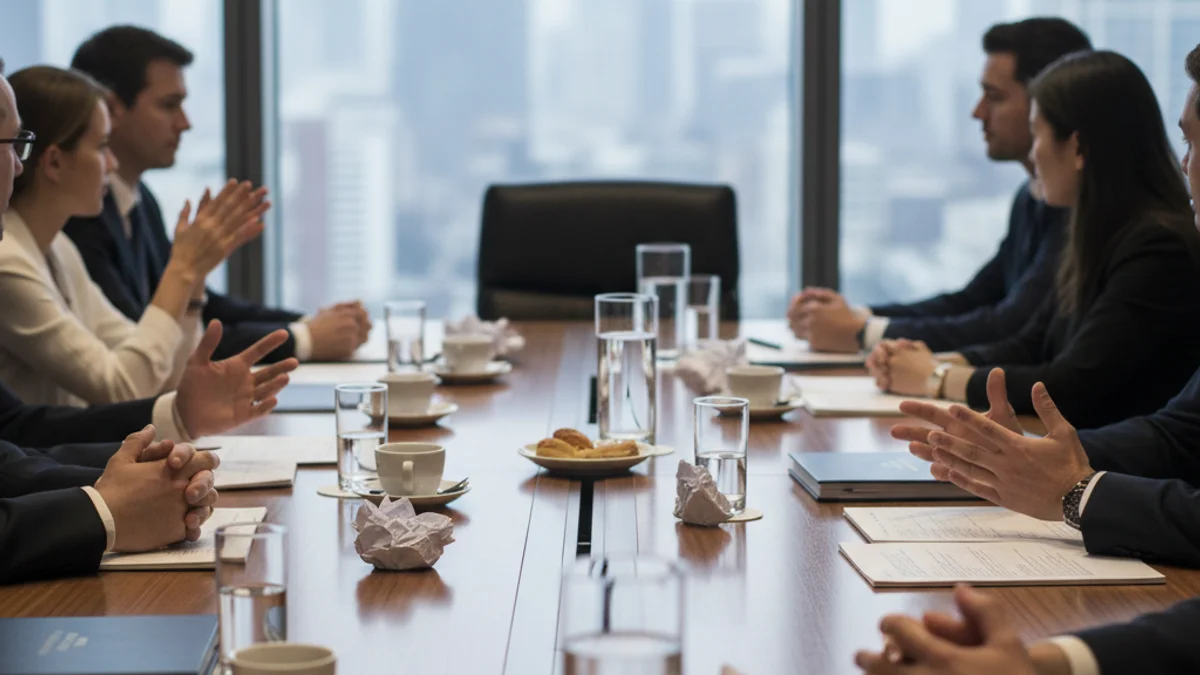 Representació genèrica d'una reunió de negociació laboral o d'una fàbrica amb siluetes de treballadors.