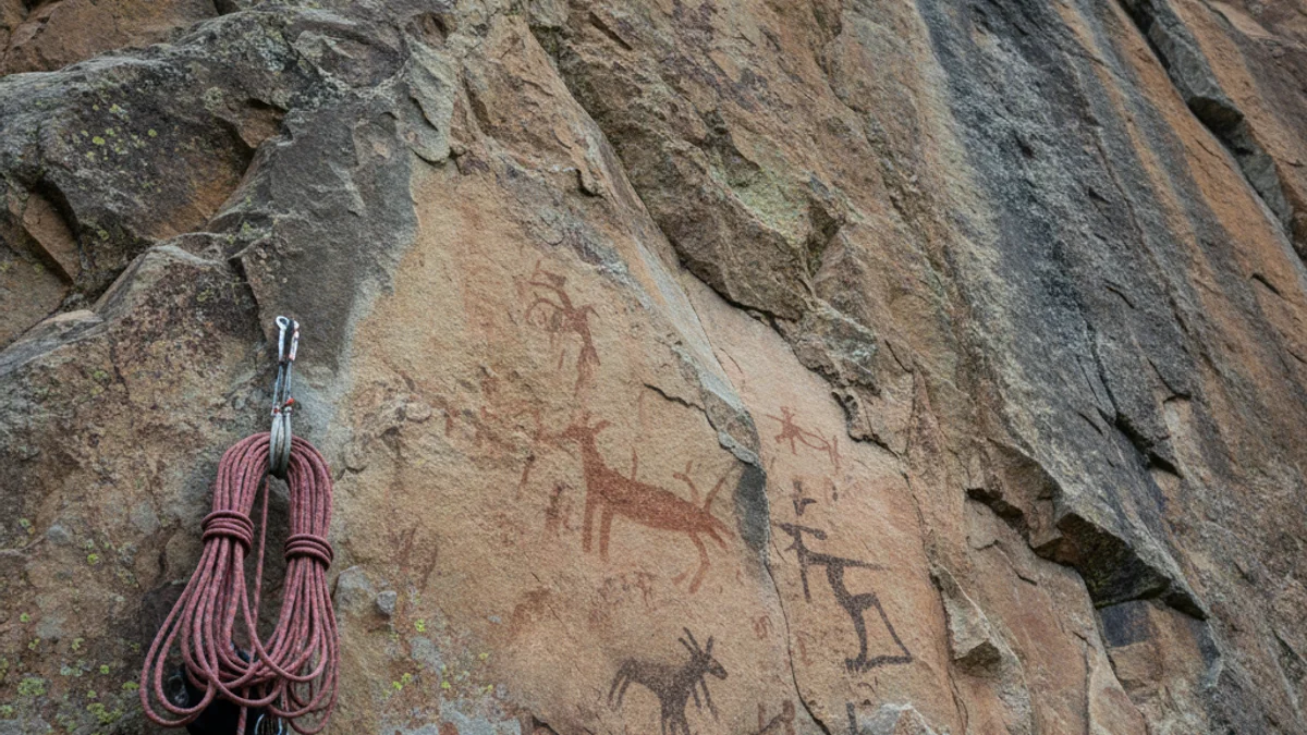 Paret vertical de roca amb pintures rupestres i una silueta llunyana d'un escalador.