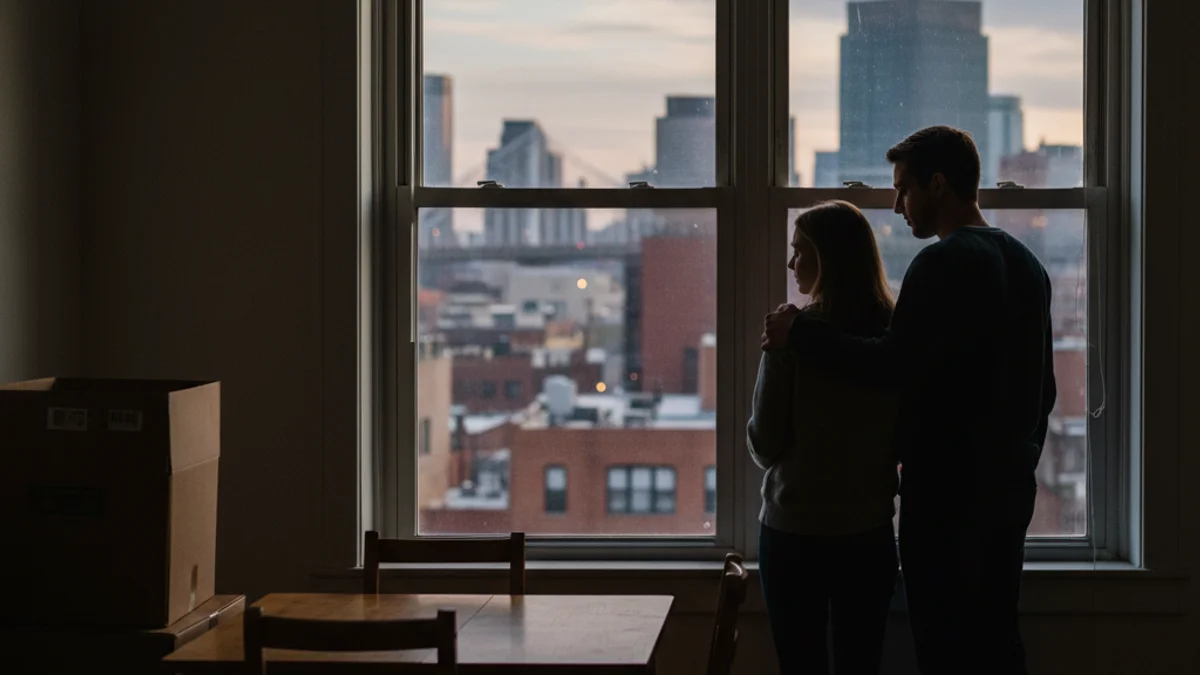 Una silueta de parella jove mirant per una finestra, amb un fons urbà que suggereix dificultats econòmiques.