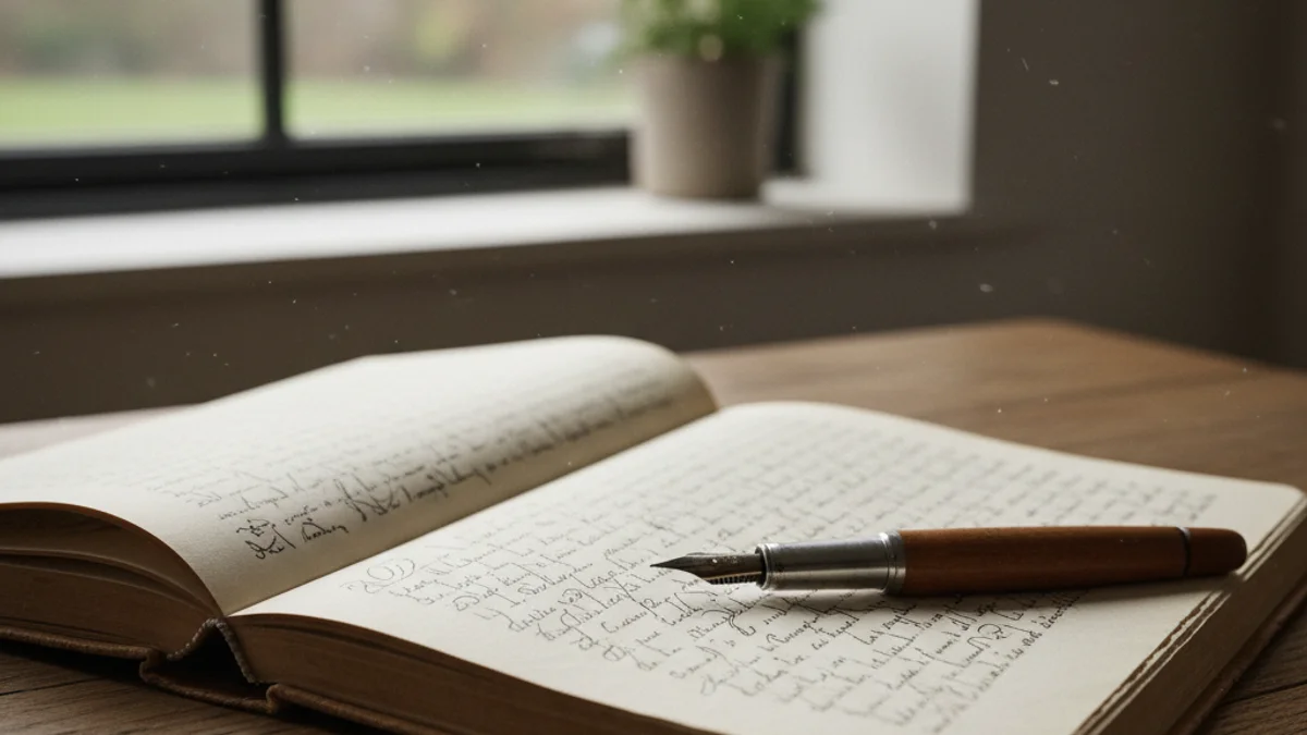 Imatge abstracta que representa la reflexió i l'escriptura, amb un quadern o llibre obert sobre una taula.