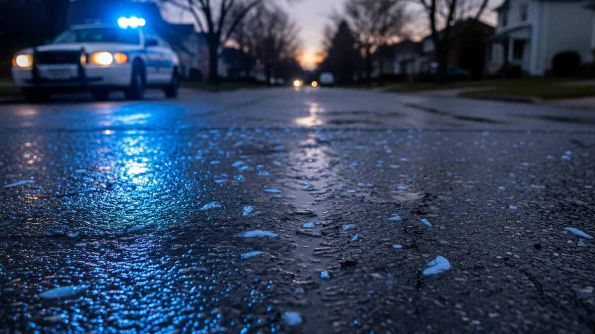 Llum blava d'un vehicle policial reflectida sobre l'asfalt en un carrer residencial de nit.