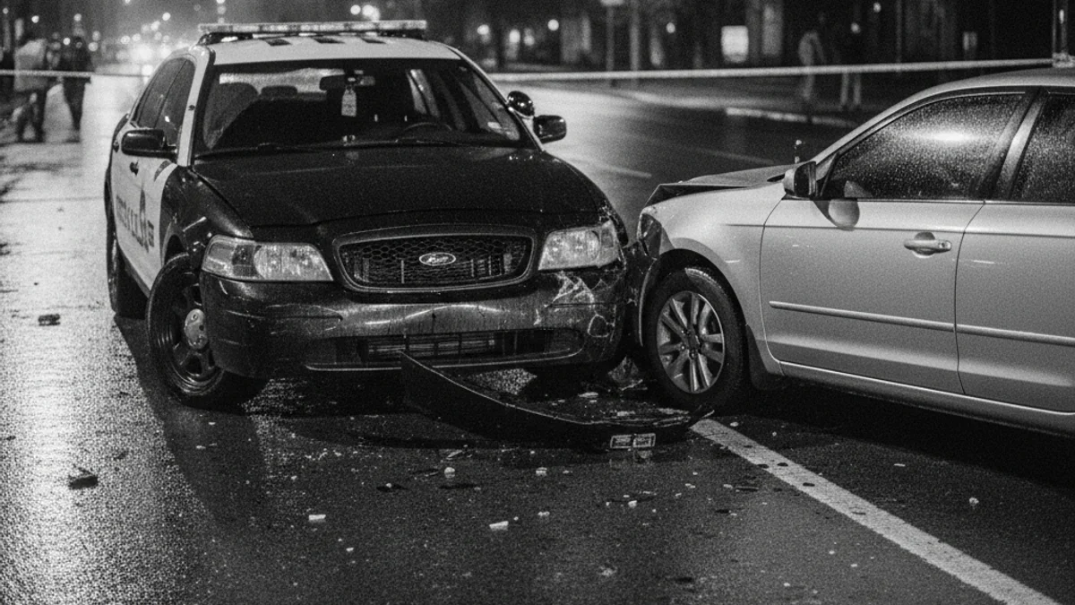 Imatge genèrica d'un vehicle policial danyat després d'una persecució nocturna a la carretera.