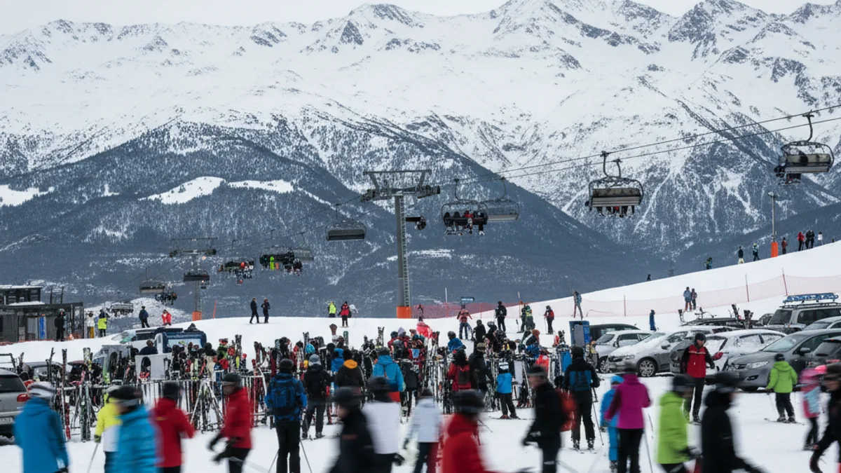 Vista d'una pista d'esquí amb molts esquiadors i neu, amb muntanyes al fons.
