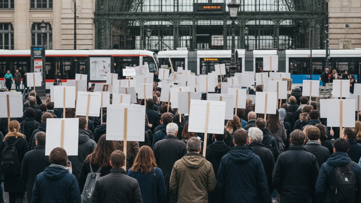 Imatge genèrica d'una protesta o manifestació a prop d'una estació de tren, amb pancartes difuminades.