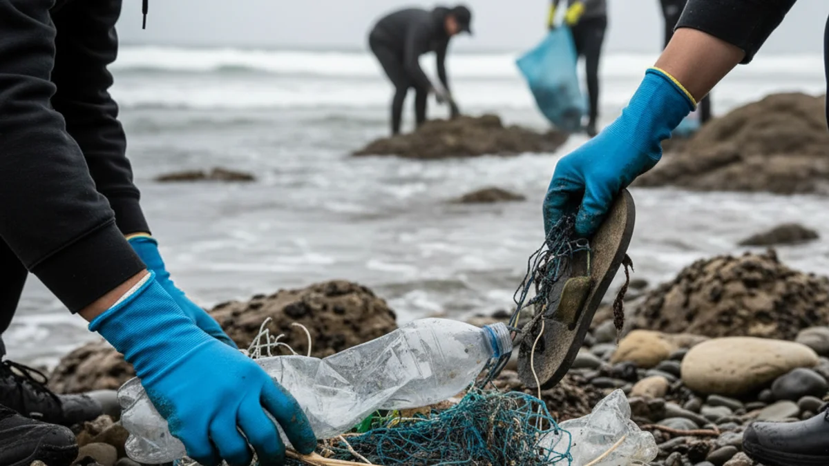 Imatge genèrica de voluntaris recollint deixalles plàstiques en una platja rocosa després d'una tempesta.