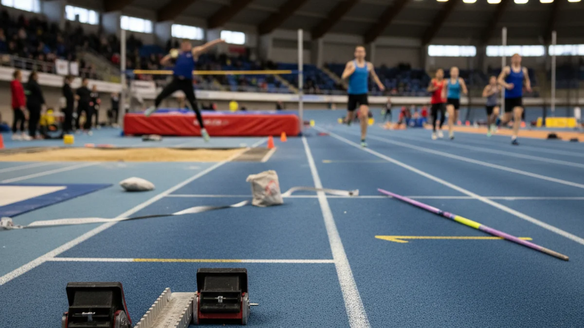 Imatge genèrica d'una pista d'atletisme coberta amb figures borroses competint en una prova de salt o cursa.