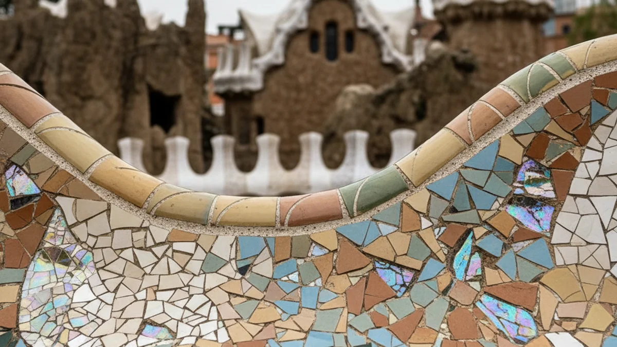 Representació artística abstracta de trencadís o mosaics, amb elements arquitectònics subtils.