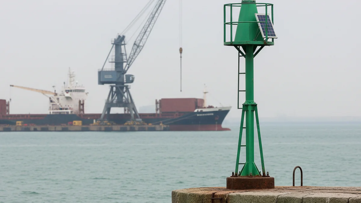 Imatge genèrica d'una balisa o far marítim en un port, amb grues treballant al fons en tasques de manteniment.