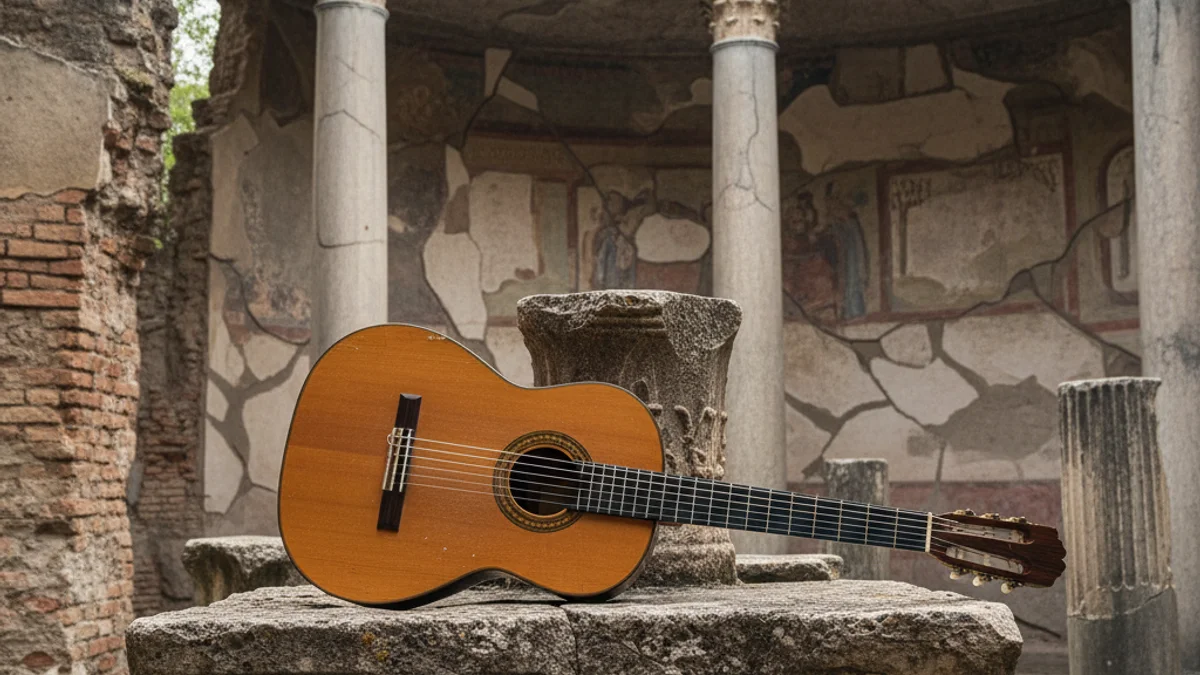 Una guitarra clàssica en un escenari antic o un jaciment arqueològic, amb llum suau.