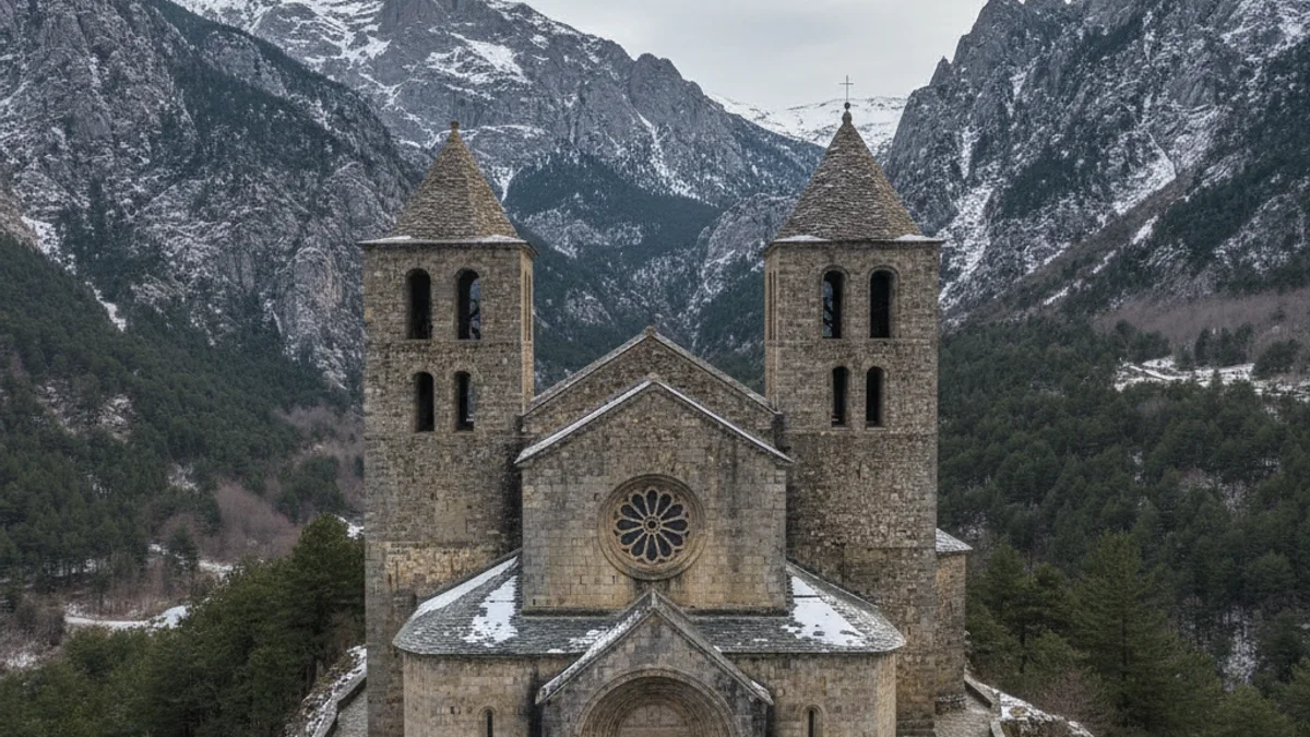 Representació genèrica d'un monument històric dels Pirineus, amb elements arquitectònics medievals i pedra antiga.