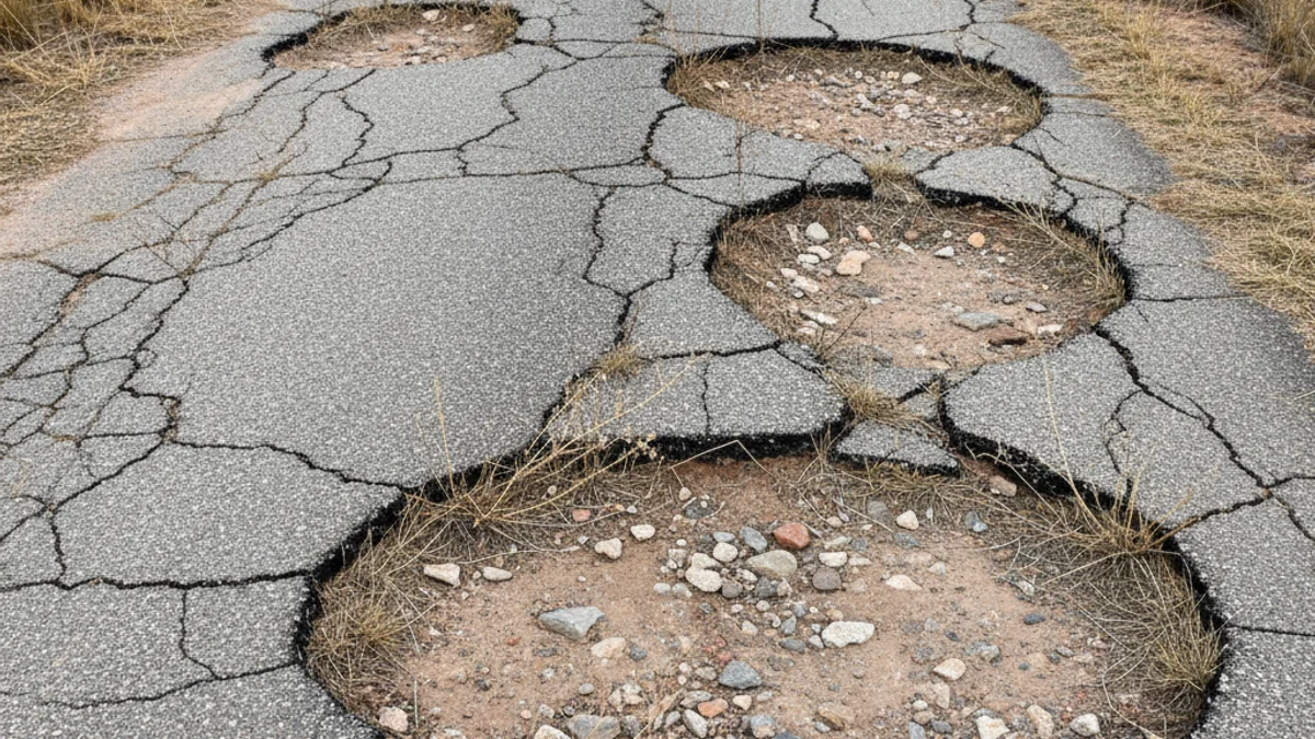 Imatge genèrica d'un camí rural deteriorat amb esquerdes a l'asfalt, sense persones visibles.