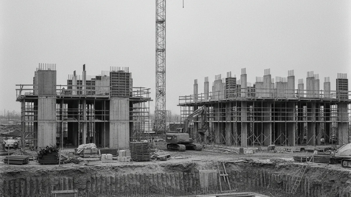 Representació genèrica d'un nou bloc d'habitatges socials en construcció amb grues al fons.