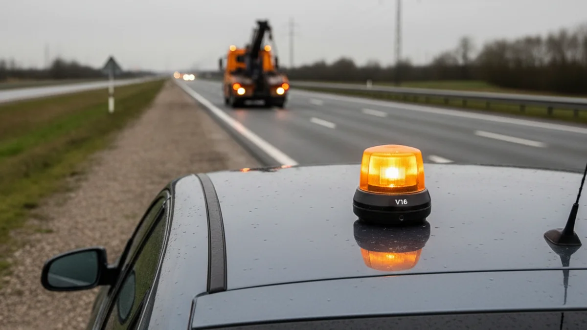 Una balisa V16 de senyalització d'emergència col·locada sobre el sostre d'un vehicle avariat en una carretera.