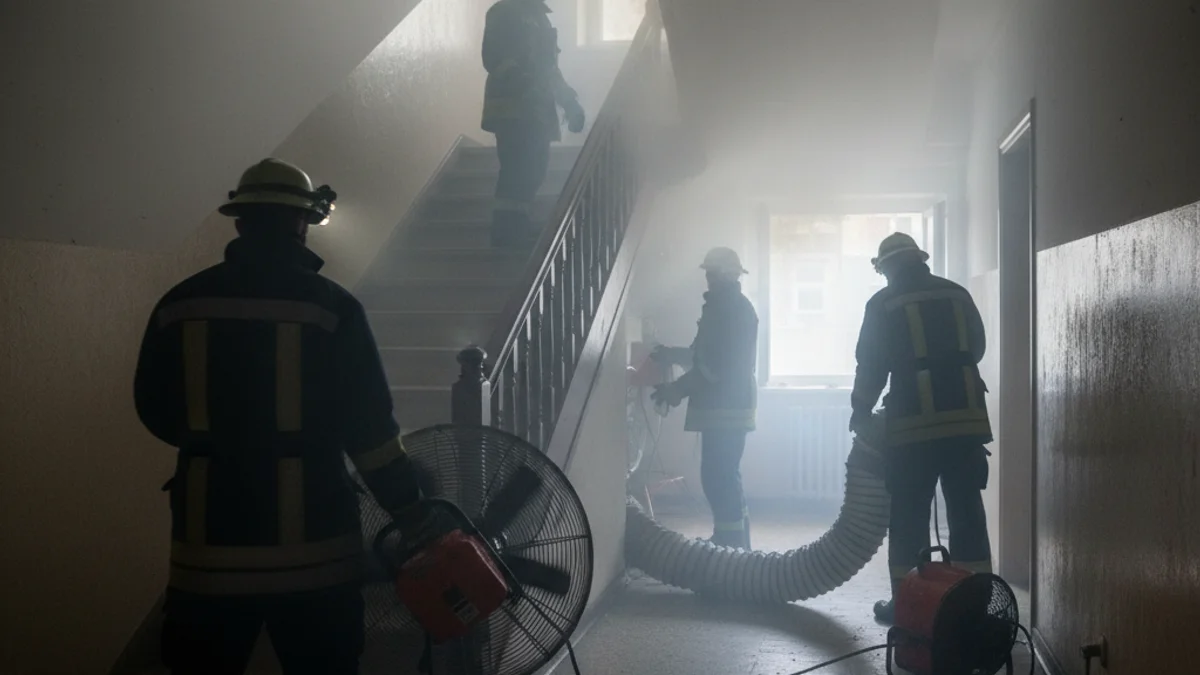 Imatge genèrica de bombers ventilant l'escala d'un edifici residencial després d'un incident amb fum.