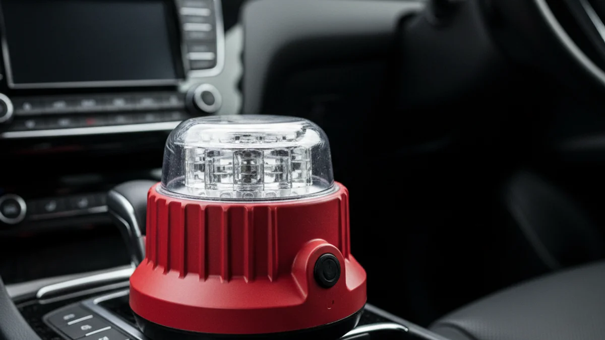 Una balisa V16 de senyalització d'emergència col·locada sobre el quadre de comandament d'un vehicle.