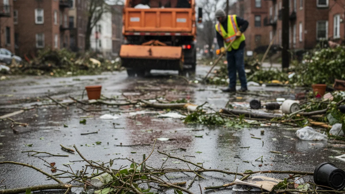 Imagen genérica de escombros y ramas caídas en una calle después de un fuerte temporal de viento.