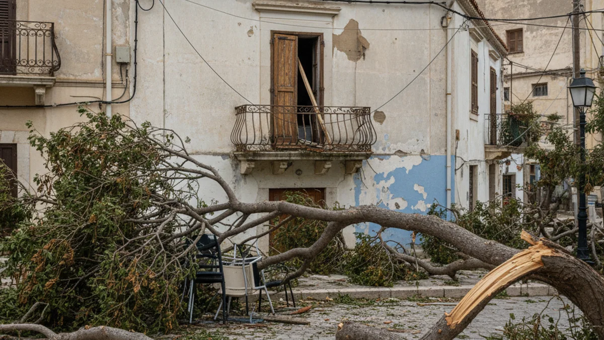 Imatge genèrica d'un carrer amb restes de branques i mobiliari urbà danyat després d'un fort temporal de vent.