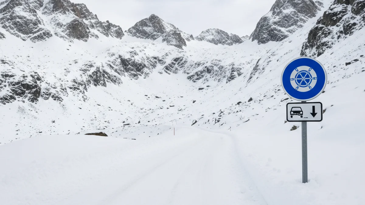 Imatge genèrica de senyals de trànsit afectats per la neu a una carretera de muntanya.