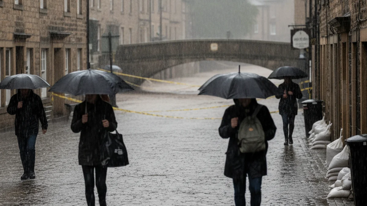 Imatge genèrica de pluja intensa caient sobre una zona urbana amb presència d'aigua corrent.