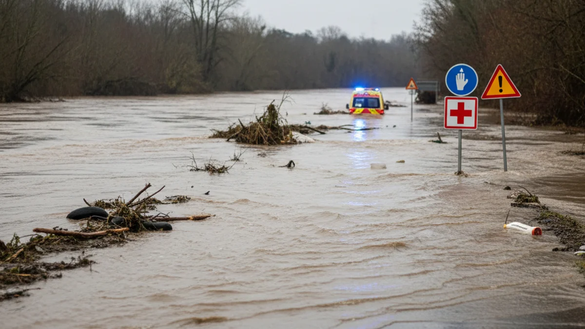 Carretera afectada per pluges intenses amb senyals d'alerta de Protecció Civil i vehicles d'emergència.