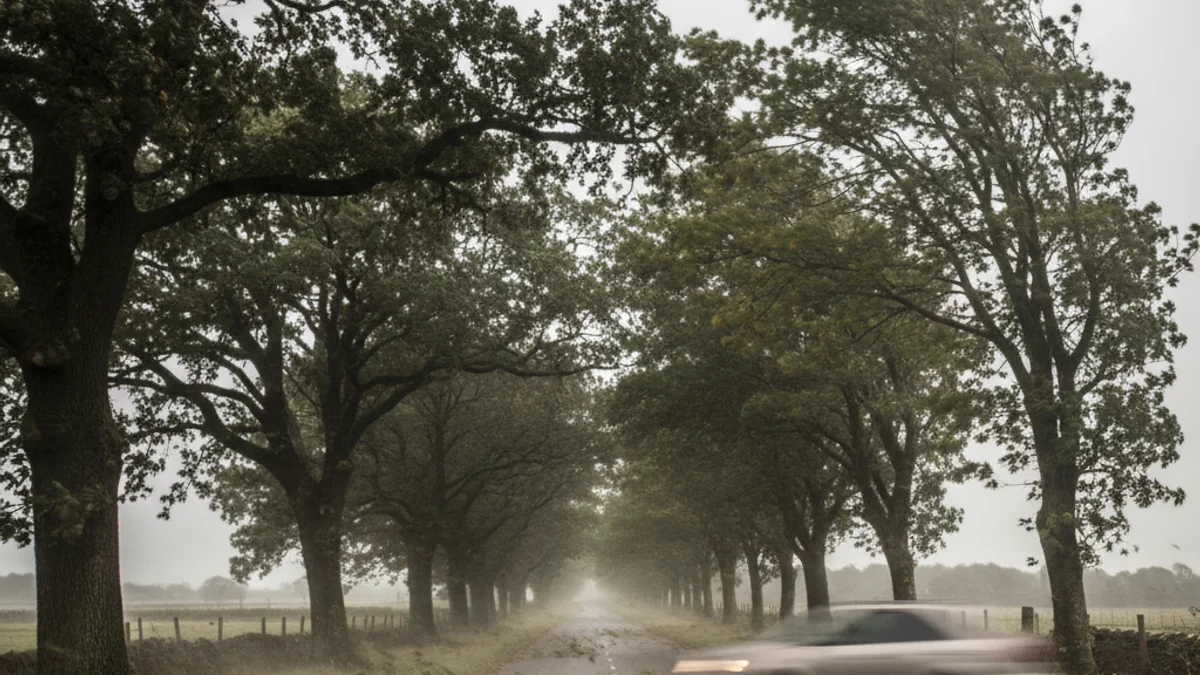 Imatge genèrica que mostra els efectes del vent fort, com arbres doblegats o moviment borrós en una carretera.