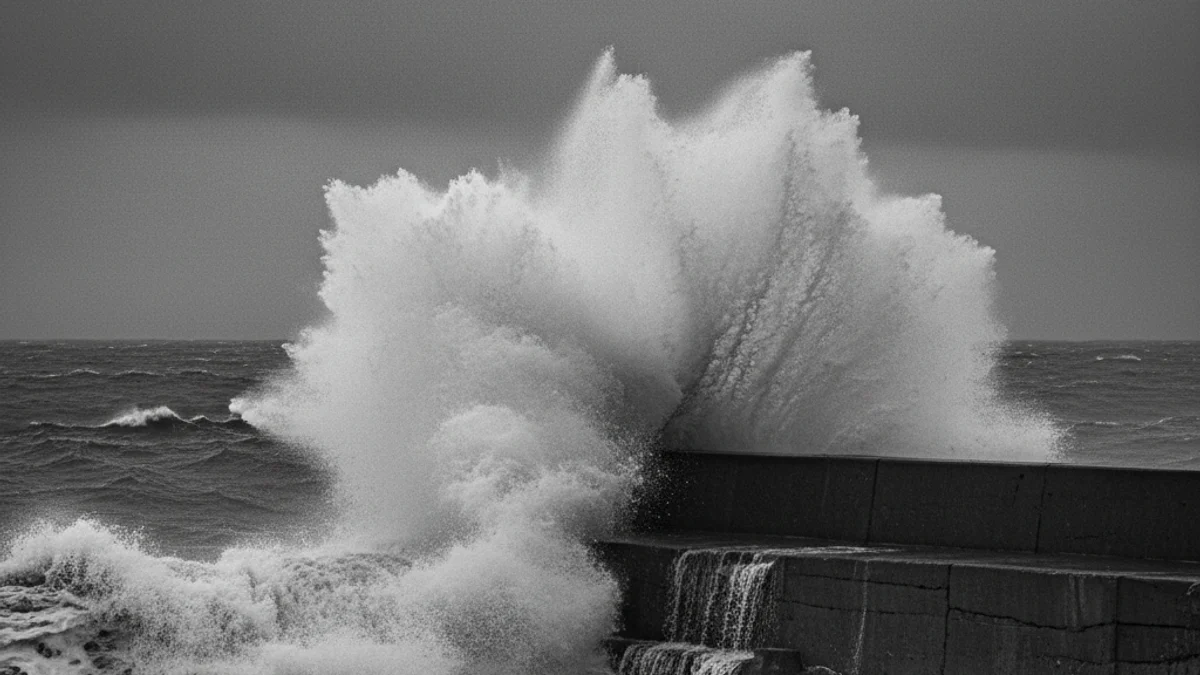 Imatge genèrica d'una platja amb onades grans trencant contra un espigó sota un cel gris i plujós.