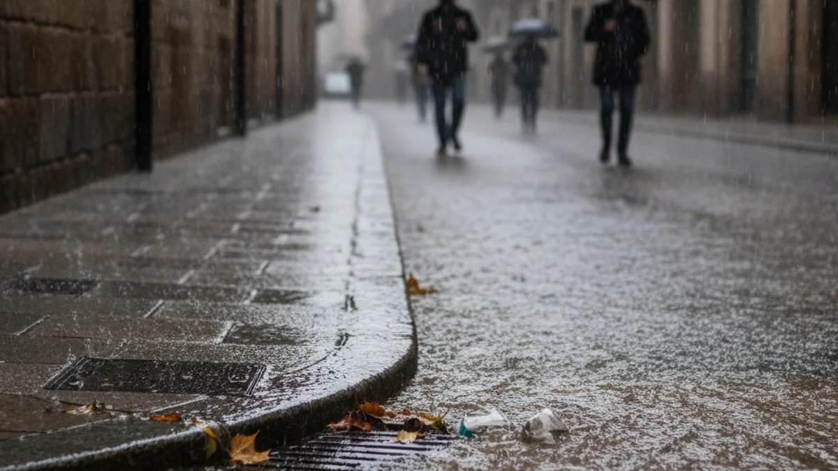Imatge genèrica d'una inundació menor en un carrer urbà a causa de les fortes pluges del temporal.