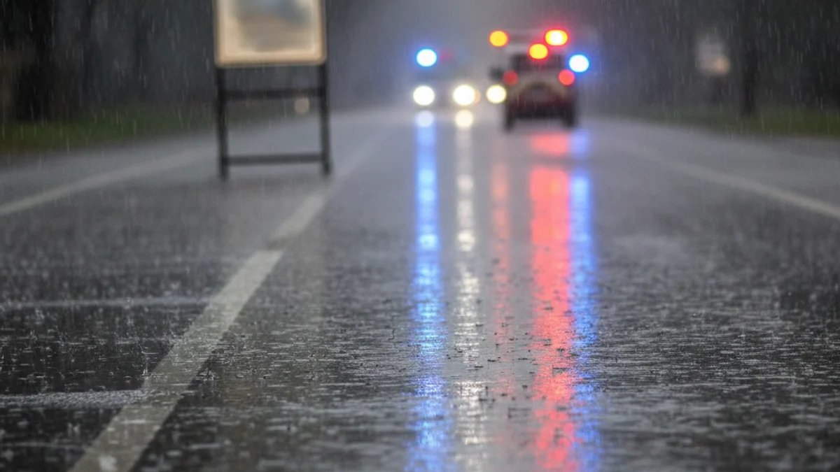 Imatge genèrica d'una carretera amb senyals de restricció de trànsit sota una pluja intensa.